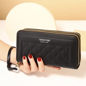 Women Long Wallet PU Leather Dual Zipper Large Capacity Quilted Diamond Pattern Clutch Purse With Wristlet Strap