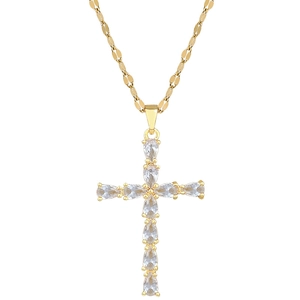 Elegant gold titanium necklace featuring a luxury water drop cross pendant with crystals