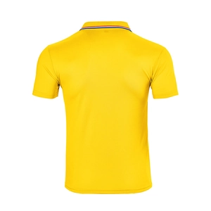 Detail view of yellow short-sleeved polo shirt back featuring striped collar accents
