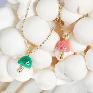 Cute gold plated mushroom necklace with colorful rhinestones in green and pink variants