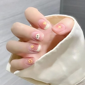 Pink Blush Gradient Press On Nails Cute Cloud Star Heart Pattern Artificial Fake Nails Sweet Style For Women Girls