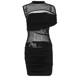 Detail of black bodycon dress featuring sheer mesh panels and intricate ruched textures