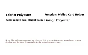Polyester card holder wallet details showing dimensions 7cm by 10cm and material specs