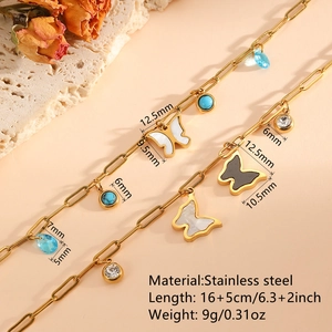 18K gold plated stainless steel butterfly charm bracelet with blue crystal and stones