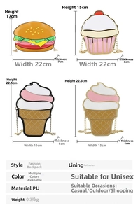 Size chart showing burger and cupcake crossbody bags with detailed dimensions and specs