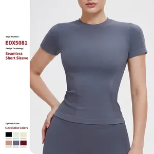 Maglietta da Yoga senza Cuciture da Donna Girocollo Manica Corta Top per Corsa e Palestra in Nylon e Spandex Traspirante Aderente