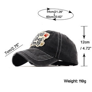 Detail view of washed cotton baseball cap with DOG vibes Only patch and sizing dimensions