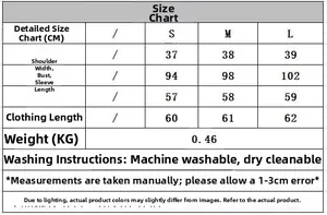 Detailed size chart for women knit cardigan showing measurements in CM for S M and L sizes