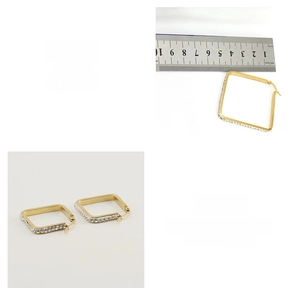 Detailed macro view of gold square hoop earrings with sparkling inlaid rhinestones