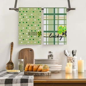 Detailed view of St. Patrick's Day microfiber kitchen towels with Blessed and Lucky prints