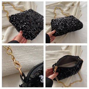Detail views of black sequin crossbody bag featuring a gold chain strap and gray lining