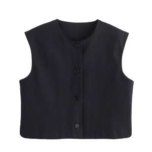 Close-up of black sleeveless vest with four front buttons on plain white background