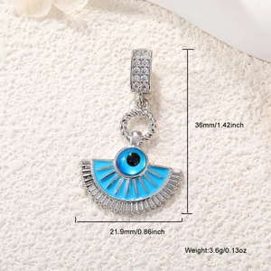 Blue enamel evil eye pendant charm in gold plated copper with size and weight dimensions