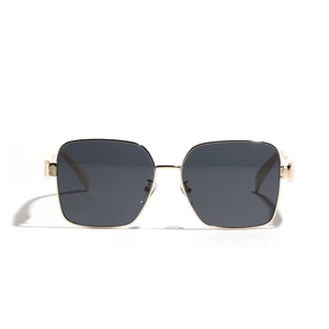 Classic large square metal sunglasses with gold frame and black lenses for men and women