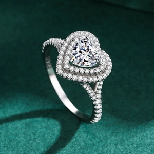 Classic S925 sterling silver heart-shaped double halo engagement ring with simulated diamonds