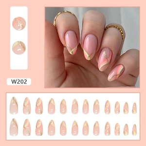 Pink almond press on nails with yellow orange swirls and glitter lines, 24 pcs set W202