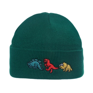 Close-up of three colorful dinosaur embroidery on a ribbed green knit beanie hat