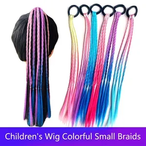 Kids Girls Braided Hair Extensions Ponytail Gradient Colorful Synthetic Fiber Elastic Hair Ties Pigtails Hand Woven