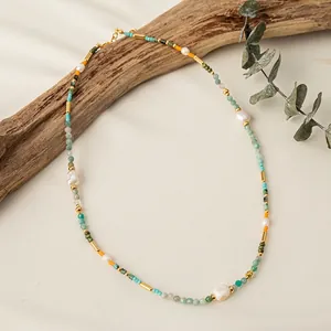 Handmade Colorful Natural Stone Necklace With Baroque Freshwater Pearl And Copper Beads For Women Bohemian Style Jewelry
