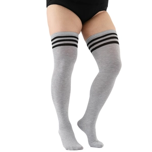 Plus size over-the-knee grey cotton socks with black triple stripes on the top hem