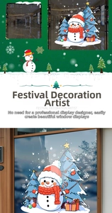Detail of static Christmas window decals featuring snowmen and decorated festive trees