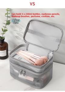 Detail of grey mesh toiletry bag storing three 230ml bottles and makeup brushes