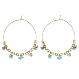 Bohemian Stainless Steel Hoop Earrings With Natural Stone Fragments And Gold Plated Square Beads Women Geometric Jewelry