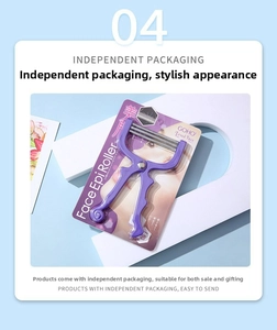 Detail showing facial hair remover tool with purple handle in blister card packaging