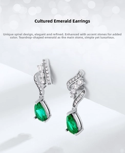 Detailed shot of S925 silver emerald earrings with pear-cut stones and spiral design