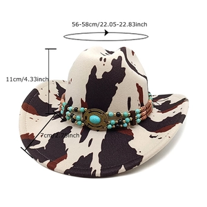 Cow print jazz fedora western cowboy hat with vintage bead band and product dimensions
