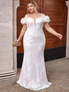 Plus Size Women Sequin Mermaid Evening Dress Off Shoulder Ruffle Sleeve White Banquet Party Gown