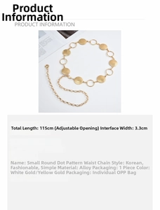 Detail view of adjustable gold-tone alloy waist chain with textured metal discs