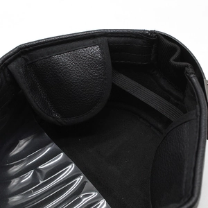 Macro detail of men's winter flat cap inner lining with elastic band and stitching