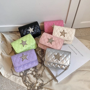 Kids Crossbody Bag PU Leather Quilted Lattice Rhinestone Star Small Square Shoulder Bag Metal Chain Strap For Girls