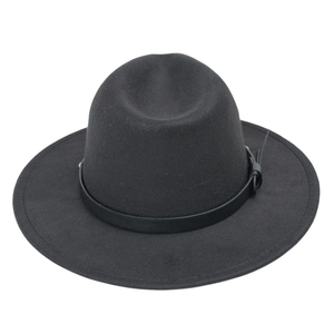 Detailed close-up of a black wool felt fedora featuring a leather band and knot detail