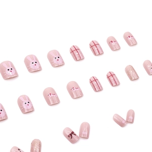 Pink plaid press-on nails with cute bunny designs, glitter, and bow accents, 24 pieces set