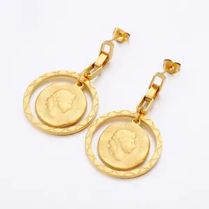 Vintage Portrait Coin Dangle Earrings Stainless Steel Geometric Ring Drop Fashion Jewelry For Women