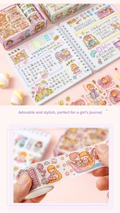 Detailed close-up of cute cartoon girl stickers and colorful washi tape for DIY journaling