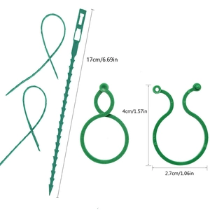 Detailed view of adjustable garden plant ties and clips with specific size measurements