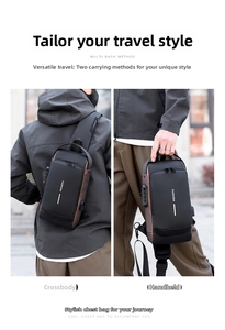 Détail du sac de poitrine noir et marron avec serrure de sécurité à combinaison antivol