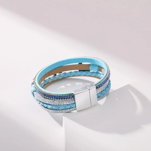 Multilayer bohemian wrap bracelet with starfish charm, blue rhinestones, and magnetic buckle