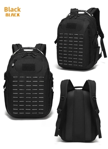 Three-angle view of black tactical backpack with laser-cut MOLLE system and velcro patch area