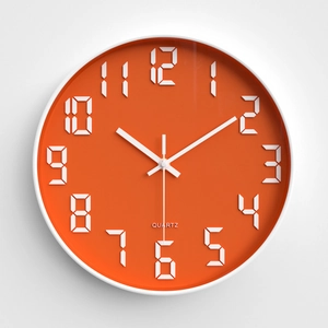 Moderne 12-Zoll Wanduhr in Orange mit weißen Ziffern und leisem Quarzwerk
