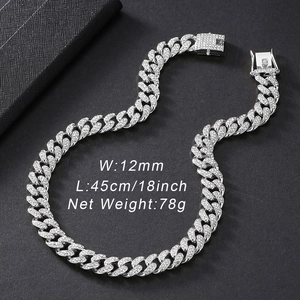 12mm silver Cuban link necklace with rhinestones, 45cm length and 78g weight