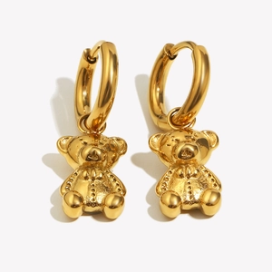 Gold plated 18K stainless steel hoop earrings with 3D teddy bear charms for women