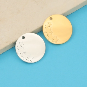 Star Engraved Round Disc Charm Pendant 304 Stainless Steel Mirror Polished For DIY Jewelry Making Accessories