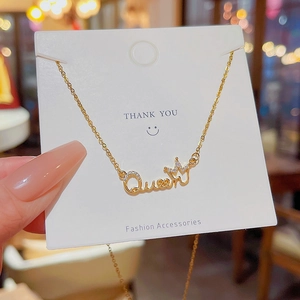 Gold Queen letter necklace with zircon crown pendant on a delicate chain for women