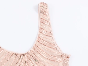 Détails de broderie de paillettes champagne sur tissu mesh pour une robe de soirée