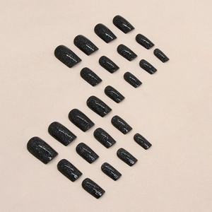 Faux ongles carrés noir pailleté avec reflets argentés brillants ensemble de 24 pièces