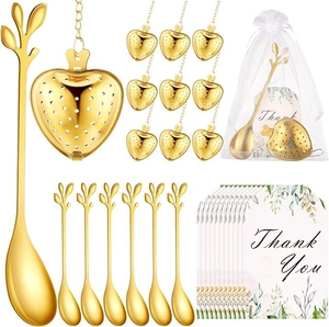 Golden heart-shaped tea infusers and leaf handle spoons set with gift bags and cards